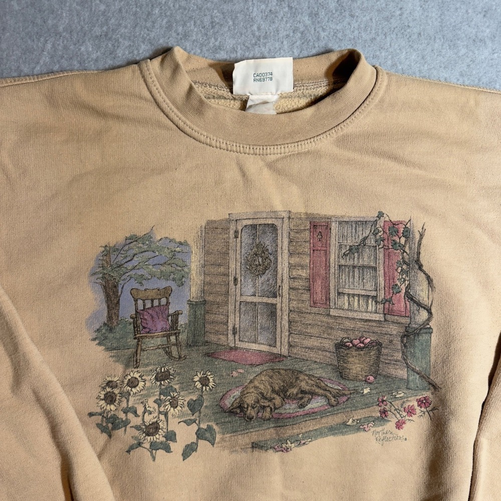 Vintage Northern Reflections Sweatshirt Beige Medium Dog Cottage Scene Grandma